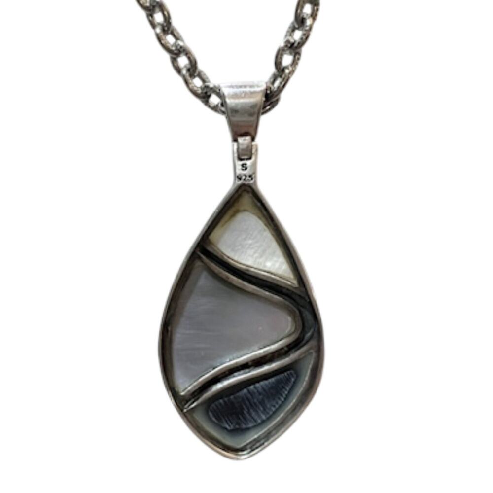 Sterling Silver 925 Necklace Onyx Mother Of Pearl Abalone Inlay Pendant Teardrop - Picture 6 of 11